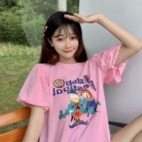 4 Sizes Causal Loose M-2xl All Match Fashion Short Sleeve O-neck Basic Cartoon Pattern Printed Fashion Women Top T-shirts