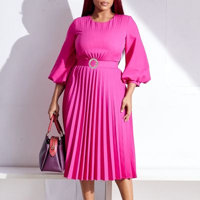 ✻◘ Spring Autumn Casual Ruffle Evening Dress Women Solid Lantern Sleeve Ruched Pleated Work Business Party Maxi Dresses