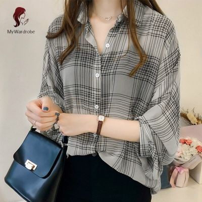 ❤MyWardrobe❤ COD Women Chic Plaid Shirts Pattern Casual Loose Long Sleeve Blouse Shirt Batwing Sleeve Chiffon Chemise Femme Tops Plus Size Tartan Blusas Mujer for Autumn