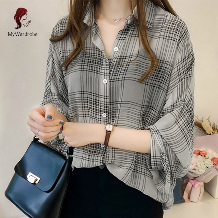 mywardrobe-cod-women-chic-plaid-shirts-pattern-casual-loose-long-sleeve-blouse-shirt-batwing-sleeve-chiffon-chemise-femme-tops-plus-size-tartan-blusas-mujer-for-autumn