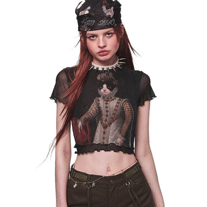 เสื้อยืดพิมพ์ลายแมวเสื้อยืดคอกลมเสื้อแขวนสั้นวินเทจเสื้อครอปตาข่ายของผู้หญิงเสื้อยืดในฤดูร้อนที่น่ารัก