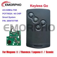 กุญแจรถอัจฉริยะไร้กุญแจ285975779R จาก EMORPHO 433Mhz PCF7952A แฮนด์ฟรี2009-2015 Renault Megane III ฟลูเอนซ์ลากูนา III สวยงาม