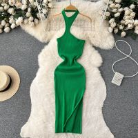 【YF】 Sexy Halter Backless Elastic Slim Knit Bodycon Slit Dress Off Shoulder Elegant Pencil Wrap Women Summer Chic Vestidos