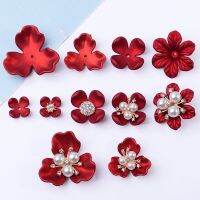 10 Pcs Red Pearl Rhinestone Flower Connectors For Diy Wedding Jewelry Making Supplies Hair Accessories Craft Decorate