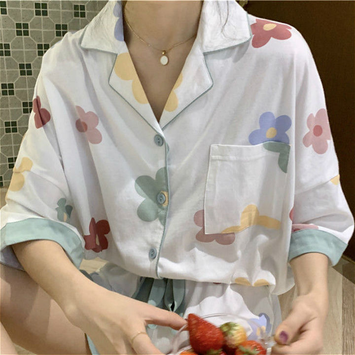 pajama-sets-women-summer-ins-korean-lovely-floral-printed-half-sleeve-girls-homewear-loose-daily-sweet-fashion-ladies-sleepwear