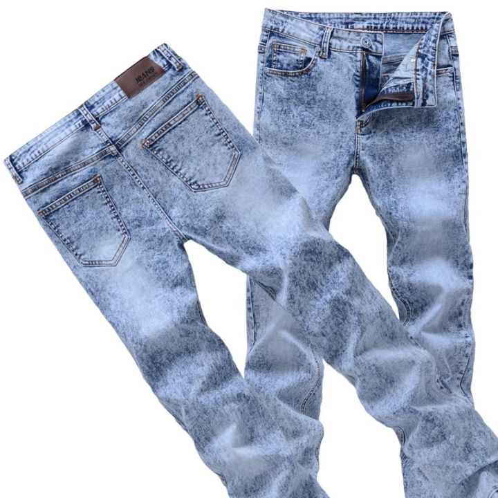 ยีนส์แฟชั่นกางเกงยีนส์ขาเดฟยืดกางเกงยีนส์บางเฉียบสำหรับผู้ชายใหม่2023กางเกงขาทรงกระบอกยืดหยุ่นสูง