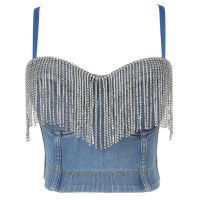 ผู้หญิงสปาเก็ตตี้เซ็กซี่สายคล้องคอ Bustier Glitter Rhinestone ล้าง Denim เสื้อบังทรง Club ยีนส์ปาร์ตี้ Corset Crop Top