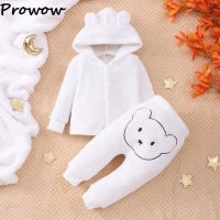 ✺❆ 0 3Y Baby Winter Clothes Cartoon Bear Warm Fleece Suit Hooded Top Pants White Newborn Outfits For Boys Girl