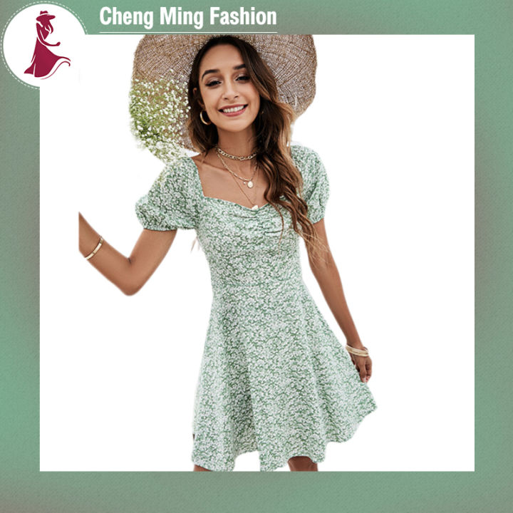 cheng-ming-ชุดเดรส-lengan-pendek-musim-panas-สำหรับผู้หญิง-ชุดเดรสแขนกระโปรงทรงเอพิมพ์ลายดอกไม้สไตล์โบฮีเมียนชุดเดรสลำลองสำหรับชายหาด