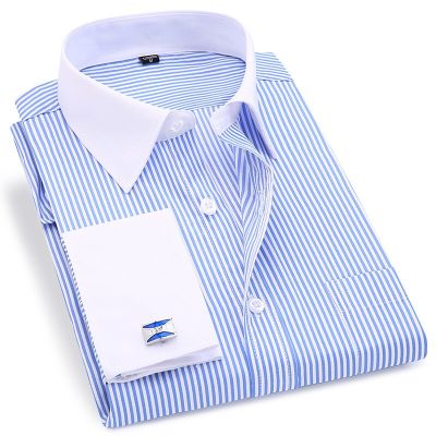 HOT11★High Quality Striped For Men French Cufflinks Cal Dress Shirts Long Sleeved White Collar Design Wedding Tuxedo Shirt 6XL