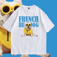 ขายร้อน (พร้อมส่งเสื้อเฮีย)เสื้อยืด SUMMER FRENCH BULLDOG ตัวหนังสือสีฟ้า  COTTON เสื้อยืดผ้าฝ้ายแท้