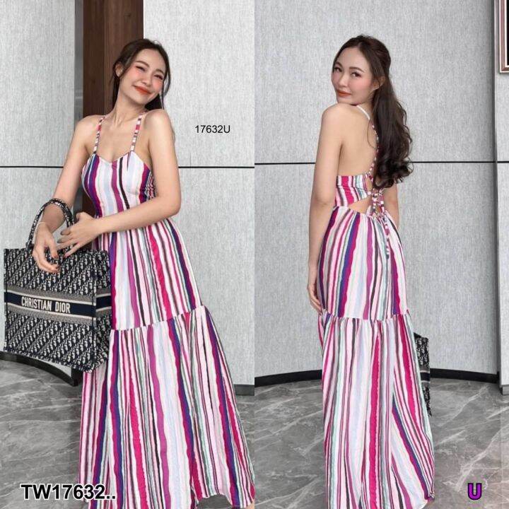 tw17632-แม็กซี่เดรสสายเดี่ยวสานหลังลายทาง