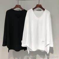 ✧☃ Irregular White Long-sleeved T-shirt Womens Spring Autumn and Winter Large Size Loose Mid-length V-neck Base Shirt Top Trendy