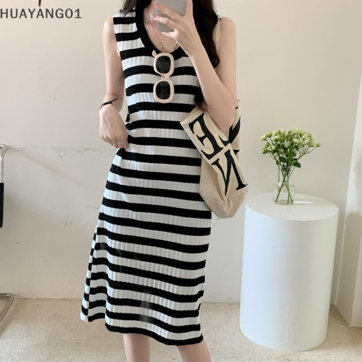 huayang01-2023-new-hot-fashion-lazlook-2023-womens-wear-ใหม่สไตล์เกาหลี-round-neck-contrast-สีลายแขนกุด-casual-dress-midi-fashion-summer-holiday-daily-dress