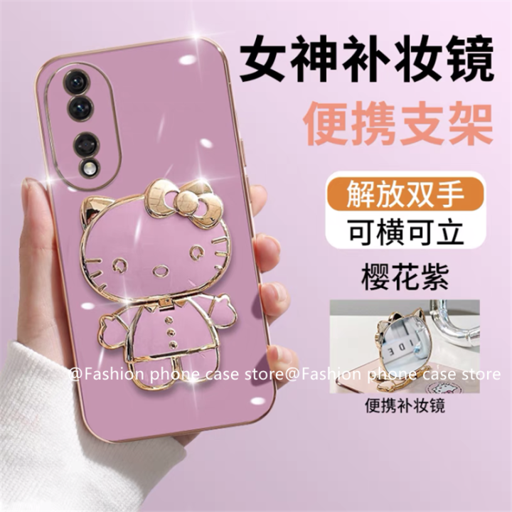 phone-case-เคส-honor90-honor-90-lite-5g-เคสลายการ์ตูนน่ารักเฮลโลคิตตี้ลูกอมชุบพร้อมกระจกแต่งหน้าพกพาได้ฝาครอบแบบนิ่มที่วางโทรศัพท์2023