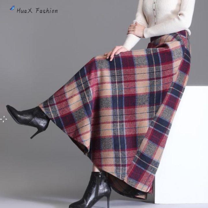 huax-women-retro-plaid-skirt-ขนาดใหญ่-casual-elegant-high-waist-slimming-large-swing-breathable-a-line-skirt