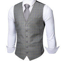 Barry.wang Mens Light Grey Plaid Waistcoat Blend Tailored Collar V-Neck 3 Pocket Check Suit Vest Tie Set Formal Leisure MD-2305