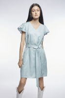 EP เดรสสั้นลายทางแต่งแขนระบาย ผู้หญิง สีเขียว | Sleeveless Stripe Dress with Ruffle Detail | 0832