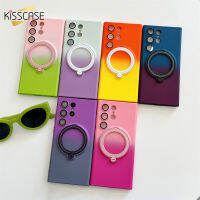 KISSCASE Magsafe ขาตั้งพับได้เคสมือจับสำหรับโทรศัพท์มือถือสำหรับ Samsung S23 S23พิเศษ + บวกกับอุปกรณ์ป้องกันฟิล์มเลนส์ชาร์จไร้สายนิ่มฝาหลังผิวด้านซิลิโคนสำหรับ S23 Samsung