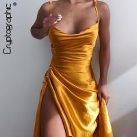 ♦✠❉ Cryptographic Spaghetti Strap Split Women 39;s Mini Dresses Club Party Fashion Elegant Sexy Backless Drawstring Draped Dress 2021