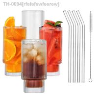 ∈❡ rfefefewfeerew Copo de vidro borosilicato alto 12oZ transparente listrado café suco leite copo com tampa bambu acessórios canudos escovas