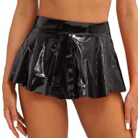 Sexy Women Leather Skirts Shiny Wet Look Patent Leather Mini Skirt Fashion Zipper A-Line Flared Skirts for Rave Party Clubwear