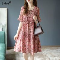 A-line Skirt Round Neck Chiffon Ruffles Printing Floral Patchwork Flare Sleeve Korean Casual Dresses Summer Women 39;s Clothing