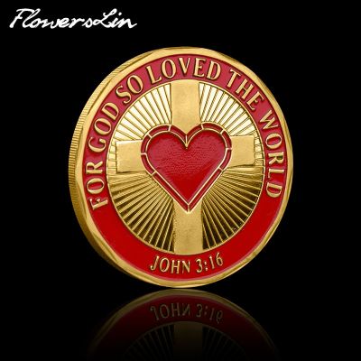 [Flowerslin] Love Heart Cross Commemorative Coin For God So Loved The World John 3:16 Faithful Pray Coin Collectible
