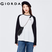 GIORDANO Women T-Shirts Contrast Color Horn Sleeve 100% Cotton Casual T-Shirts Letter Print Crewneck Simple Basic Tee 13322750