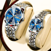 OLEVS couple watch buy 1 take 1 waterproof 2022 original fashion double calendar luminous display prismatic diamond dial stainless steel luxury couple watch for boyfriend and girlfriend - blue/white/silver