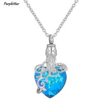 Women Cremation Jewelry Butterfly Entwined Blue Heart Crystal Memorial Ashes Urn Blue Crystal Birthstone Necklace