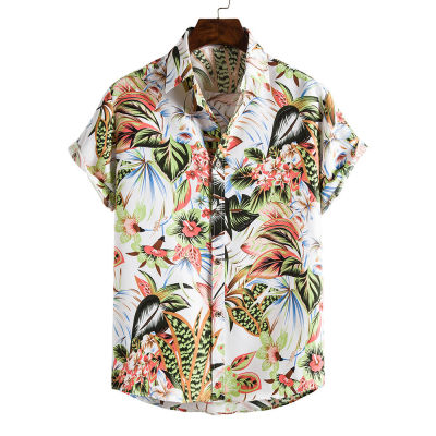 Mens White Hawaiian Floral Shirts Hipster Slim Fit Short Sleeve Beach Aloha Shirt Men Harajuku Streetwear Casual Chemise Homme