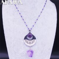 สร้อย Kalung Baja Tahan Karat คริสตัลสีม่วง2023คาถาสำหรับผู้หญิงสร้อยคอสีเงิน Wicca Star Moon เครื่องประดับ Cadena N651S02