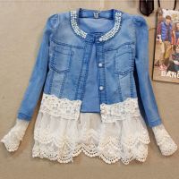 ZZOOI Slim Stitching Womens Denim Jacket Pearl Decoration Lace Cuffs Fashion Coat Thin Section White Mesh Hem Solid Wash Top 001