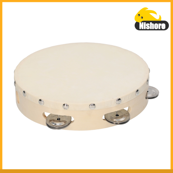 8 Inch Hand Tambourine with Metal Single Row Jingles Sheepskin Drum