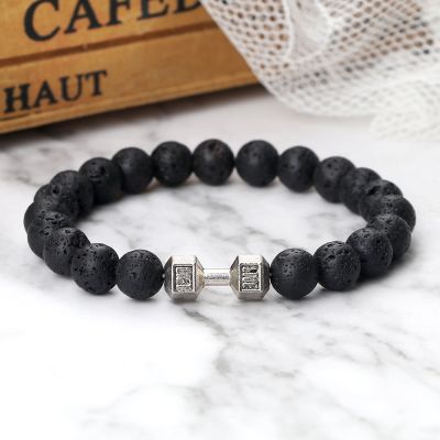 New Dumbbells Bracelets Bead Fashion Natural Fit Life Black Stone Beaded Bracelet For Mens Energy GYM Barbell Jewelry Gifts
