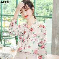 AFEG new style long-sleeved floral lace-up bowknot chiffon elegant blouse for women