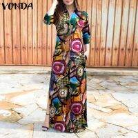 VONDA Women Long Sleeve Turn-down Button Down Vintage Printed Side Slit Maxi Dress