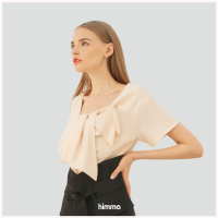 [himma] Brussels Short-Sleeve Asymmetric Bow Blouse เสื้อแขนสั้นผู้หญิง คอเป็นโบแบบไม่เท่ากัน สีดำ ขาว เบจ