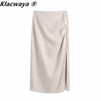 Klacwaya Za Women  High Waist Back Zipper Long Skirts Woman Summer Pleated Split Midi Skirt Ruched Elegant Skirts