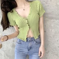 AimeiBeauty V-neck short sleeve lace stripe croptop T-shirt