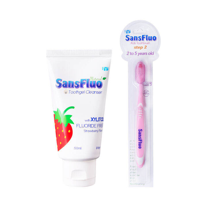 SansFluo Toothgel Cleanser Strawberry w/ Kids Toothbrush Step 2 Pink Kids Toothbrush, Infants