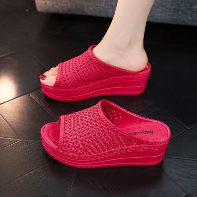【July】 High-heeled slippers womens summer outer ultra-thick fashion thick-soled new home explosion models wedge-heeled muffin non-slip sandals and