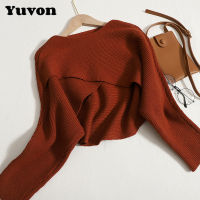 Yuvon Shawl long sleeve Knitted Shirt for Women Autumn New Versatile Round Neck Short Solid Long Sleeve Cloak Sweater Top