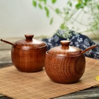 2 Pcs Wood Spice Jar with Wooden Lid and Spoon Nordic Concise Style Salt Container Salt Bowl Seasoning Box Kitchen Tool
