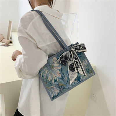 Korean Style Womens Hand Bag Oil Painting Graffiti Simple One-Shoulder Large Bags 2023 New Silk Scarf Large Capacity Canvas Bag