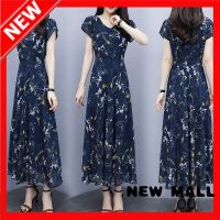 NEW MALL Dress For Woman Korean Version Of The Long Dress Female Printed V-Neck Short-Sleeved A-Line Skirt Fashion Slim Over The Knee Long Skirt