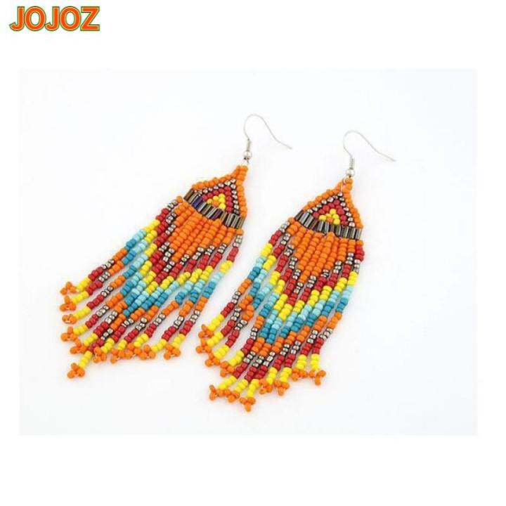 jojoz-ต่างหูลูกปัดสไตล์โบฮีเมียนหลากสีสำหรับผู้หญิงต่างหูพู่ทำมือเครื่องประดับอัญมณี