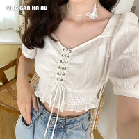 LING GAN KA NU Ins สั้น Leaky Navel Top 2022ฤดูร้อนใหม่เกาหลีรุ่น Retro Square Collar เซ็กซี่ Pullover พัฟแขนเสื้อ