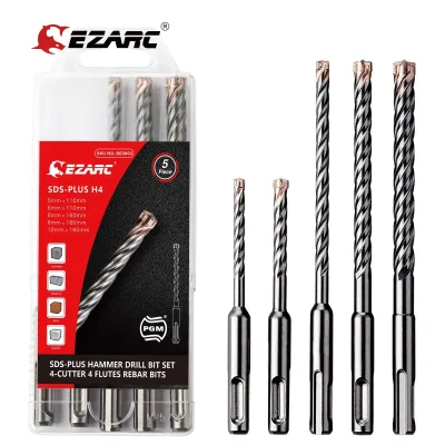 EZARC 5PC 2/4-Cutter Carbide Tips SDS-Plus Rotary Hammer Drill Bit Set for Reinforced Concrete Masonry Marble Brick and Tile